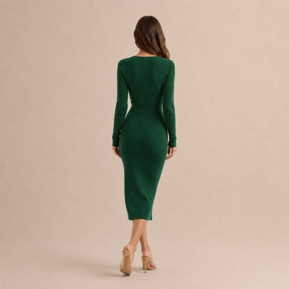 Knit Long Sleeve Wrap Midi Dress