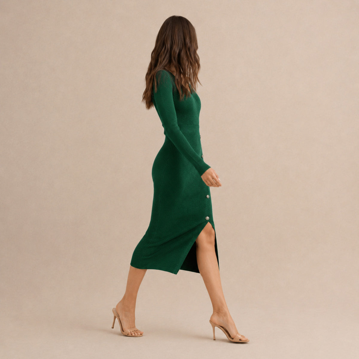 Knit Long Sleeve Wrap Midi Dress
