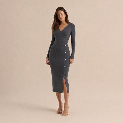Knit Long Sleeve Wrap Midi Dress
