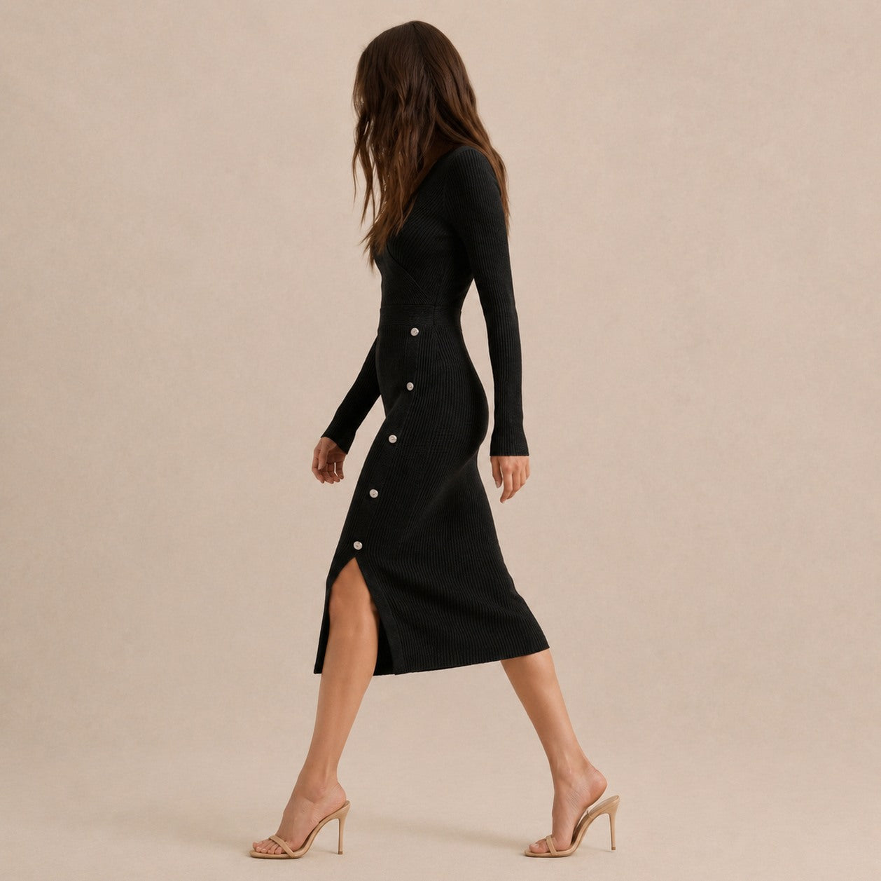 Knit Long Sleeve Wrap Midi Dress