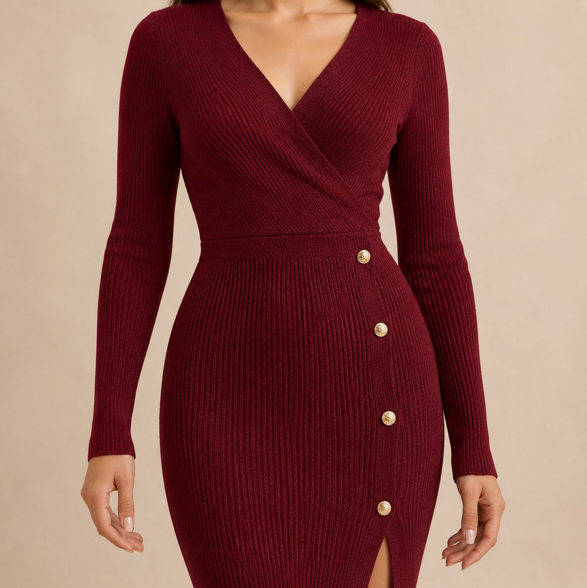 Knit Long Sleeve Wrap Midi Dress