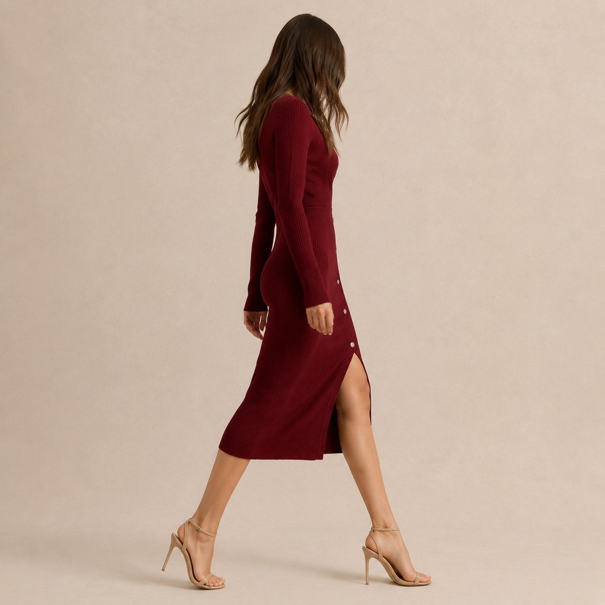 Knit Long Sleeve Wrap Midi Dress