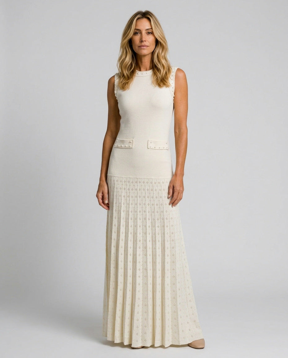 Knit Pleated Drop Waist Maxi Dress