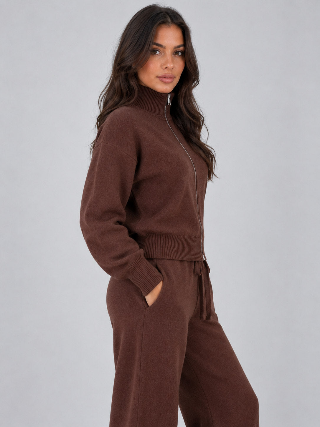 Knit Zip Front Long Sleeve Matching Set