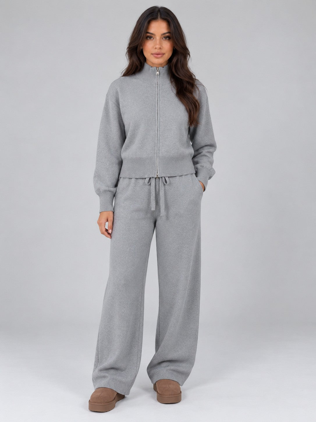 Knit Zip Front Long Sleeve Matching Set
