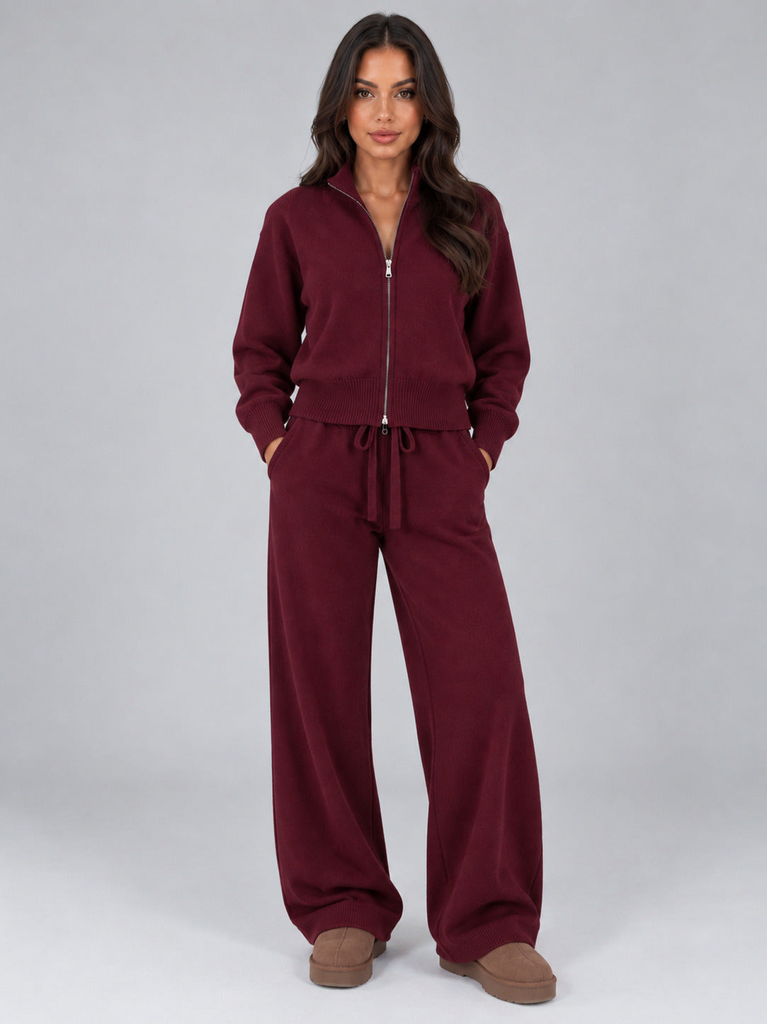 Knit Zip Front Long Sleeve Matching Set