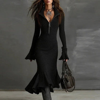 Quarter Zip Bell Sleeve Midi Dress