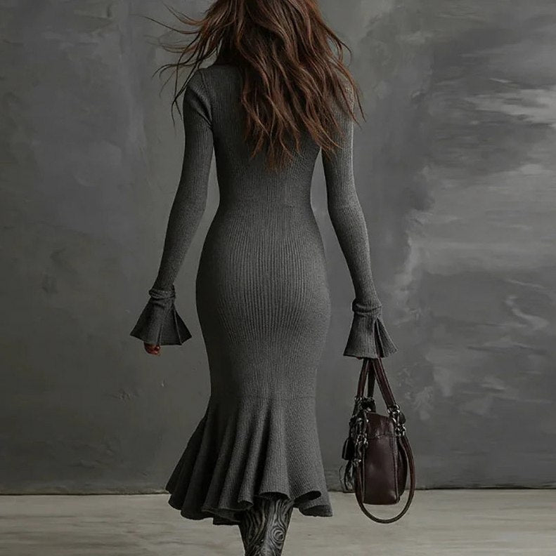 Quarter Zip Bell Sleeve Midi Dress