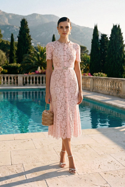 Lace Belted Button Front Midi Dress