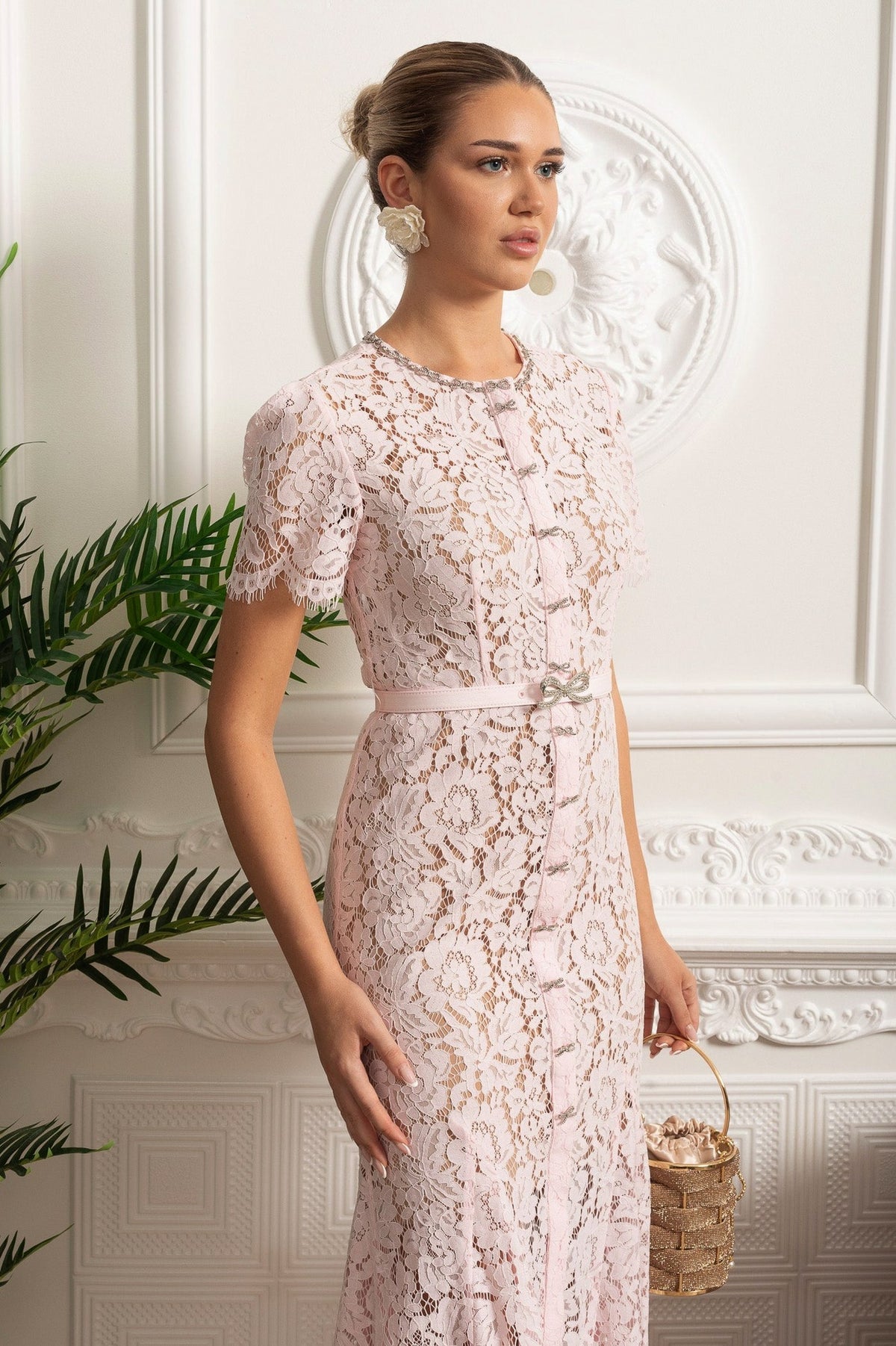 Lace Belted Button Front Midi Dress