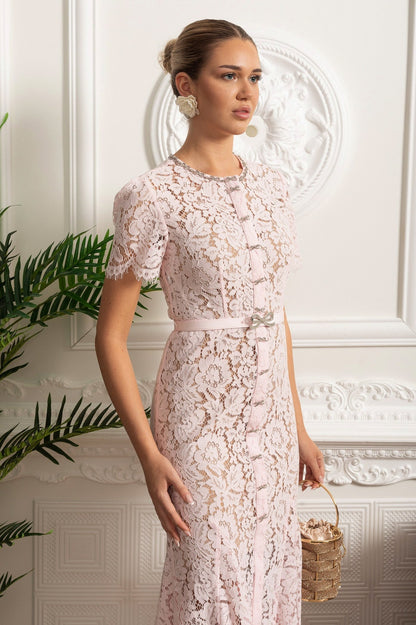 Lace Belted Button Front Midi Dress