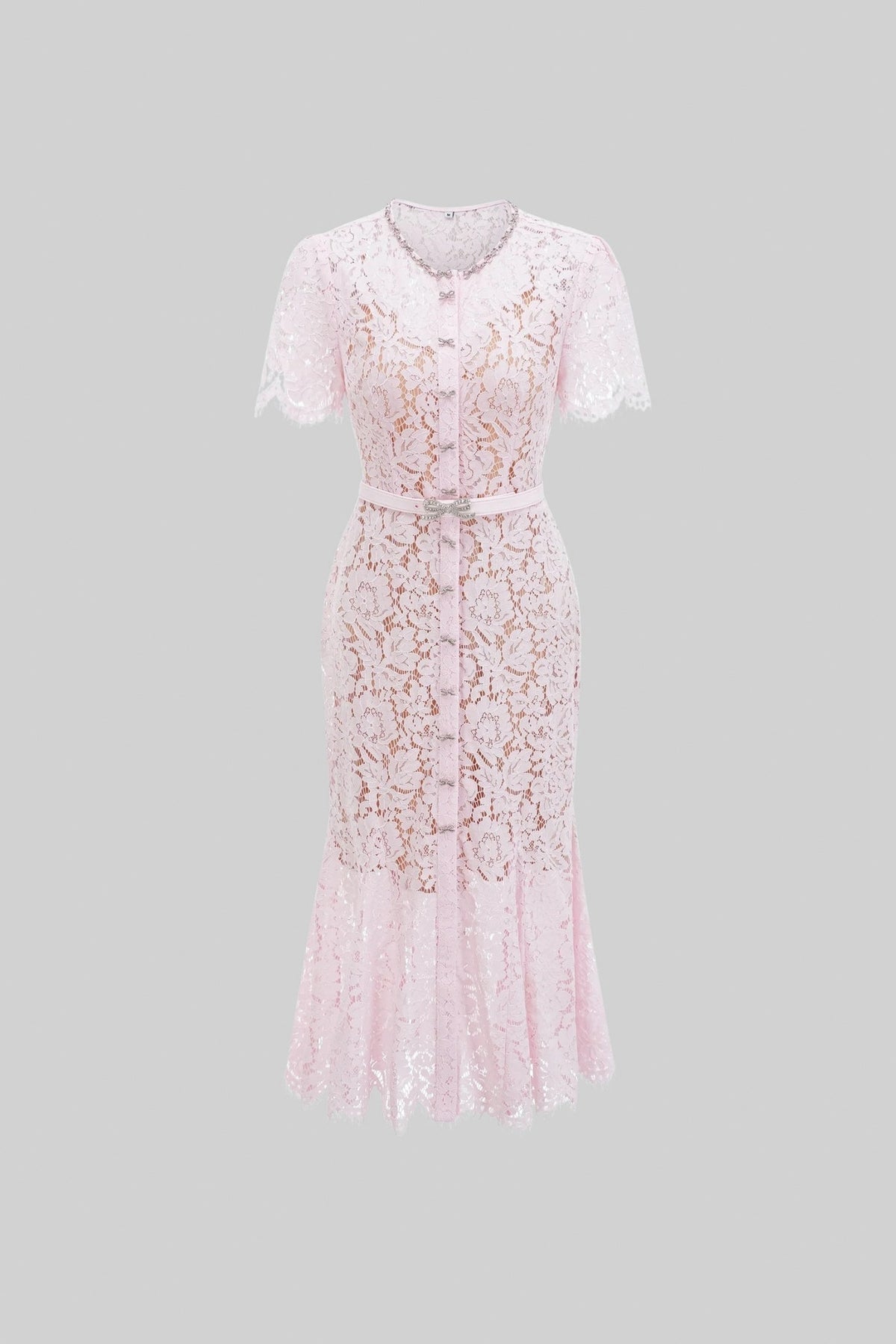 Lace Belted Button Front Midi Dress