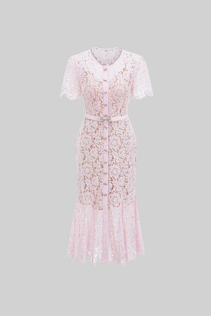Lace Belted Button Front Midi Dress