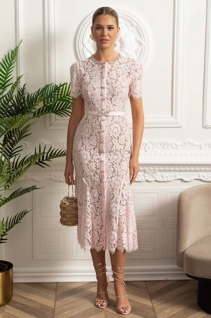 Lace Belted Button Front Midi Dress