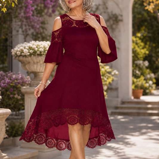Lace Cold Shoulder High Low Midi Dress