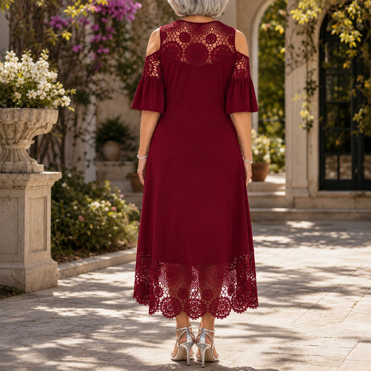 Lace Cold Shoulder High Low Midi Dress