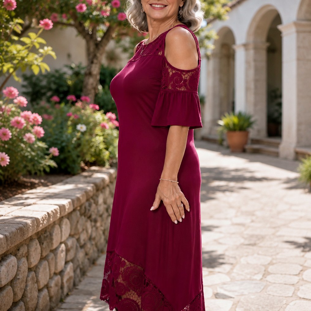Lace Cold Shoulder High Low Midi Dress