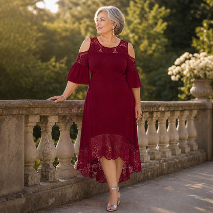 Lace Cold Shoulder High Low Midi Dress