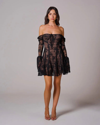 Lace Corset Flare Sleeve Mini Dress