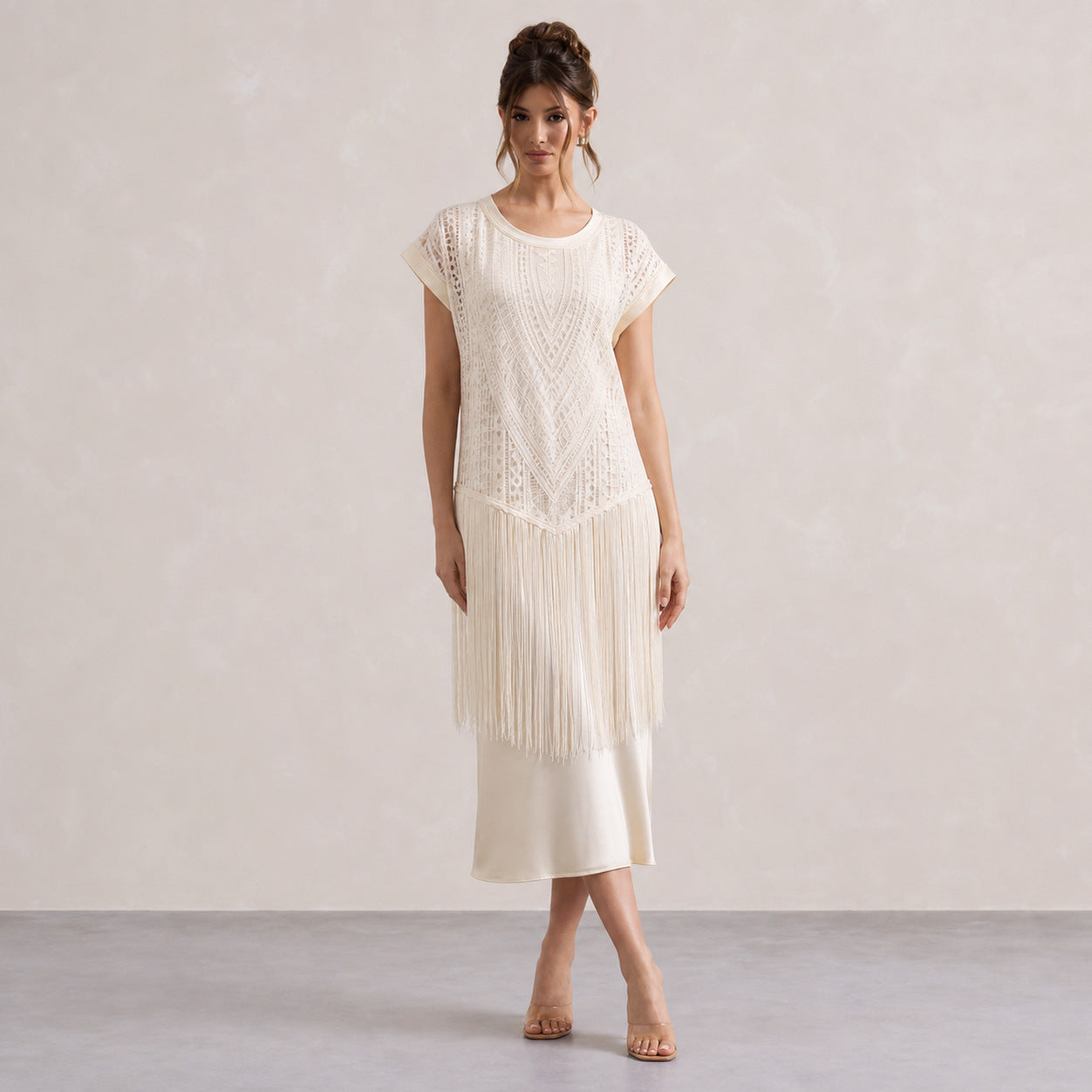 Crochet Fringe Cap Sleeve Midi Dress