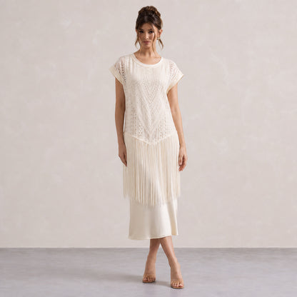 Crochet Fringe Cap Sleeve Midi Dress
