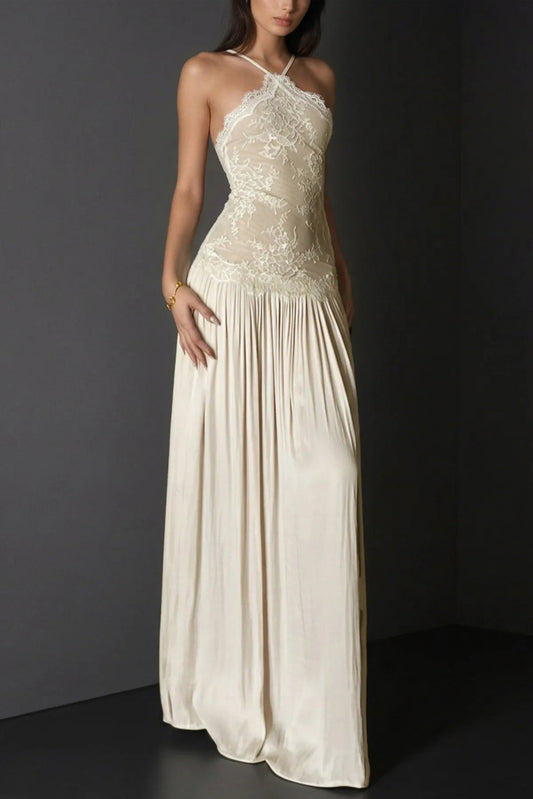 Lace Halter Drop Waist Maxi Dress