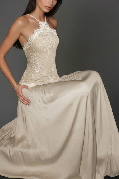 Lace Halter Drop Waist Maxi Dress