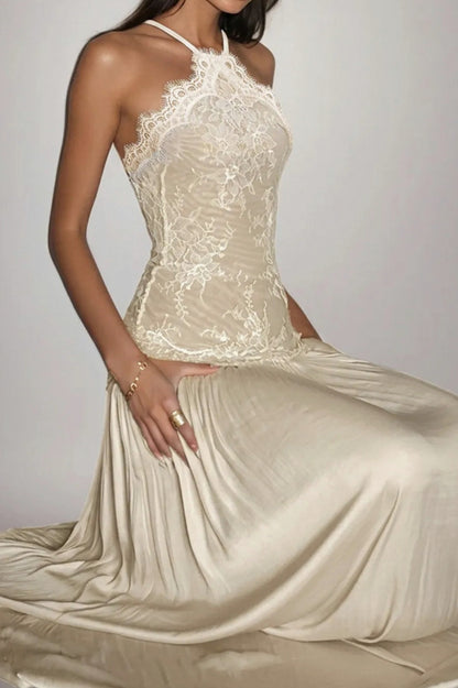 Lace Halter Drop Waist Maxi Dress