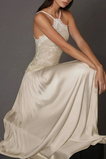 Lace Halter Drop Waist Maxi Dress