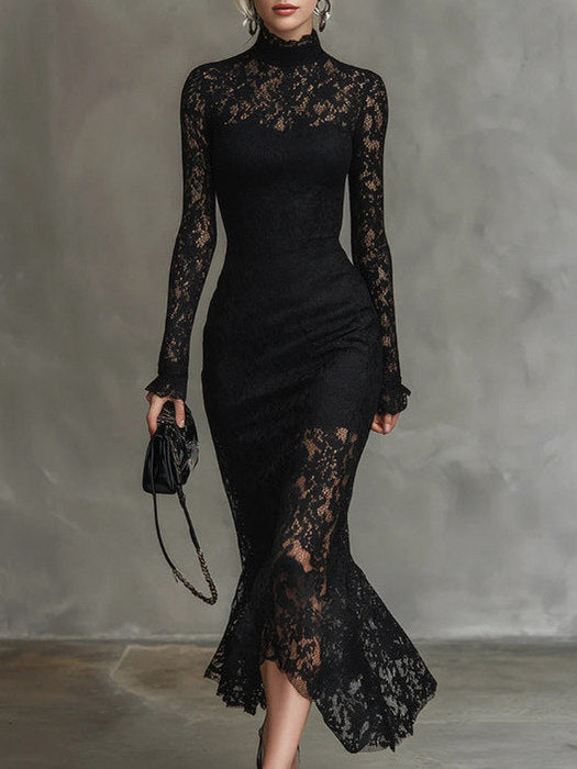 Lace Long Sleeve High Neck Midi Dress