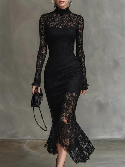 Lace Long Sleeve High Neck Midi Dress