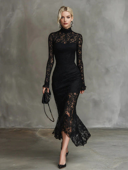 Lace Long Sleeve High Neck Midi Dress