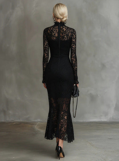 Lace Long Sleeve High Neck Midi Dress