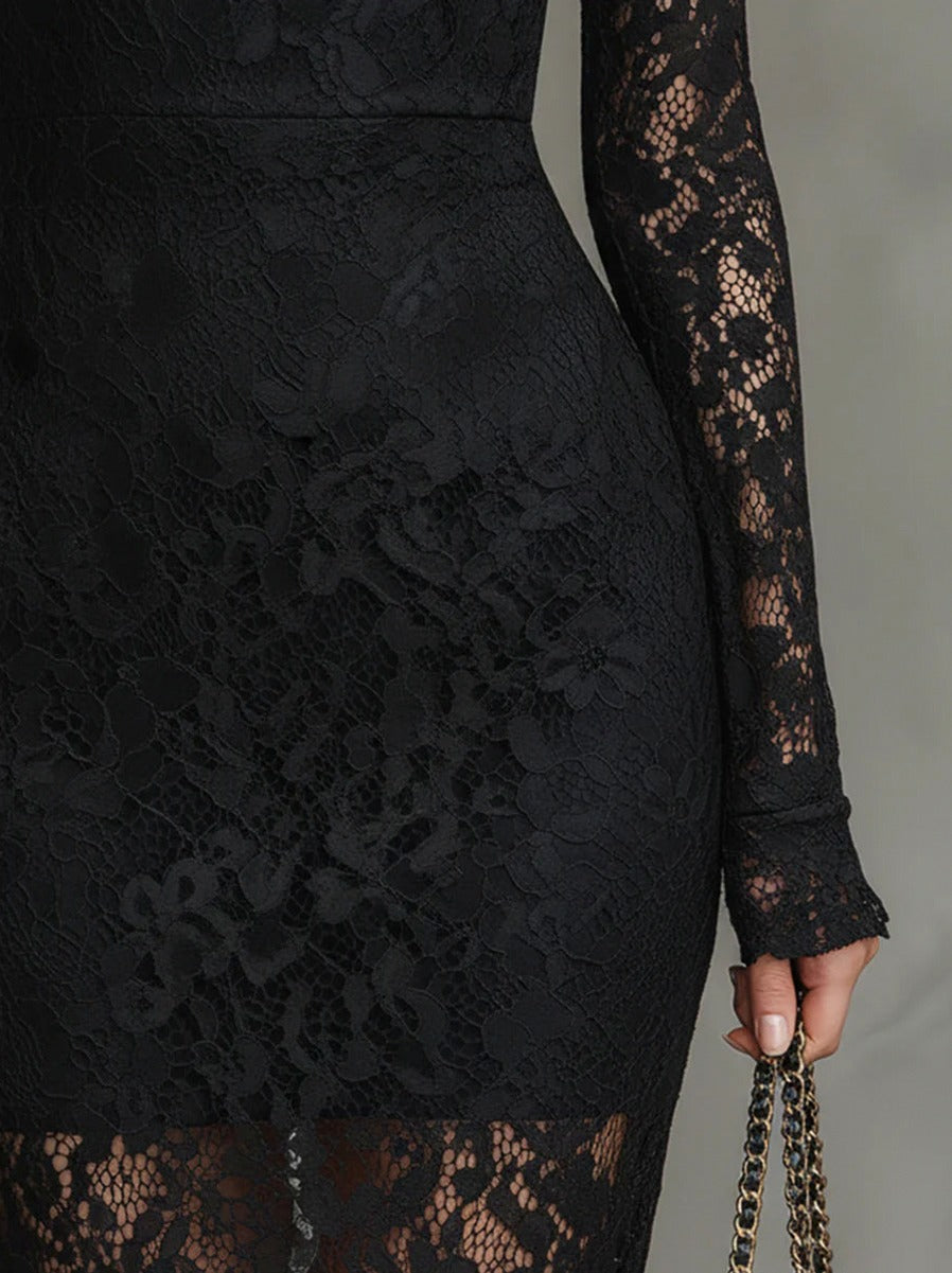 Lace Long Sleeve High Neck Midi Dress