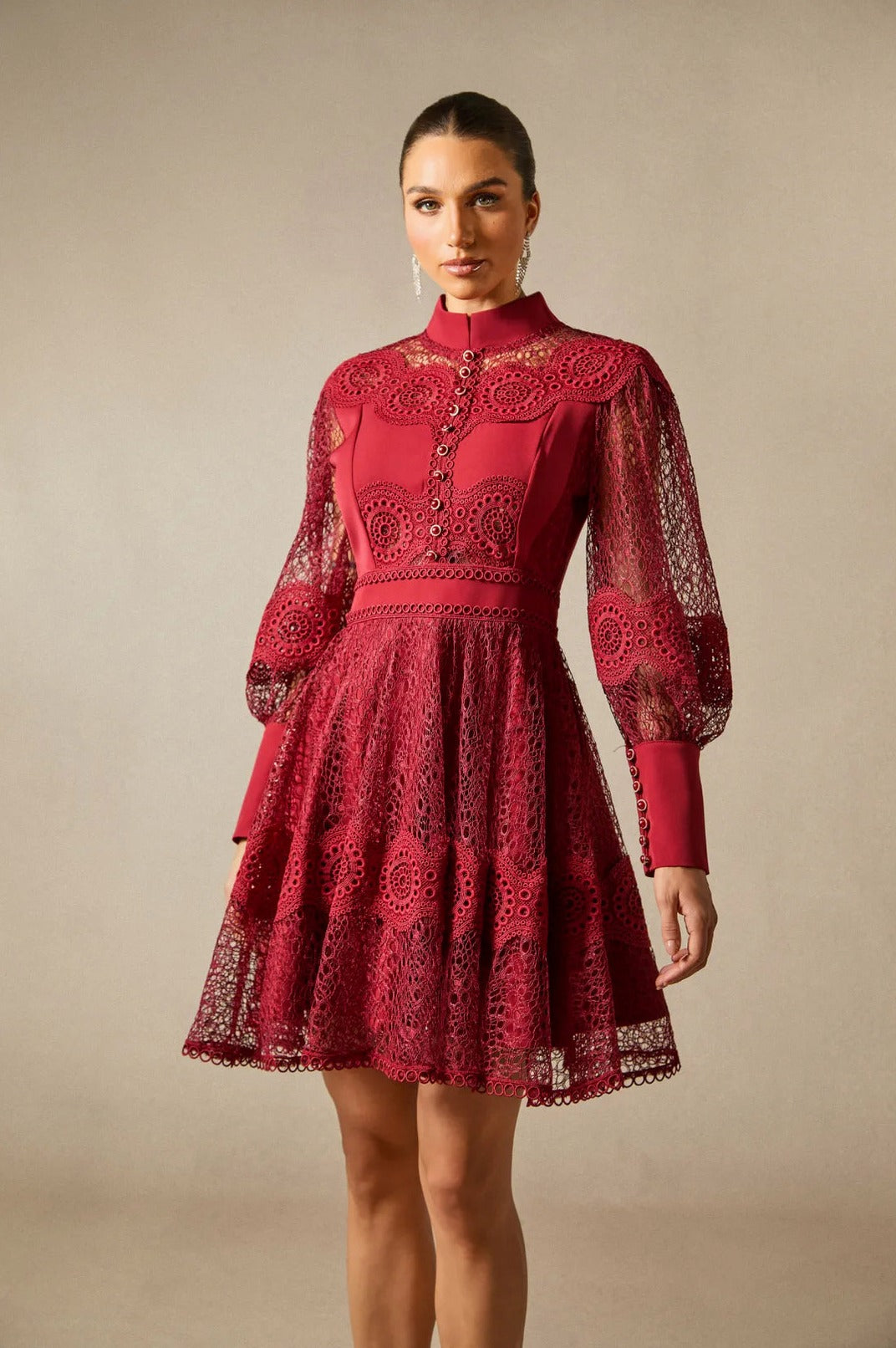 Lace High Neck Long Sleeve Mini Dress