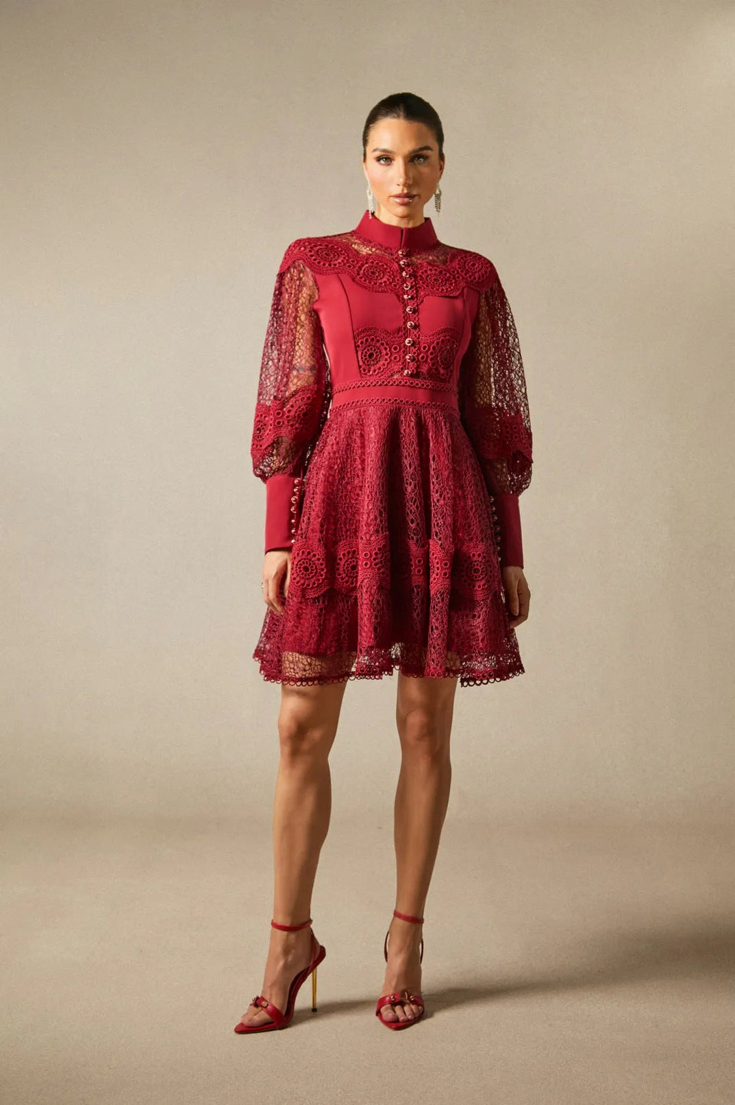 Lace High Neck Long Sleeve Mini Dress