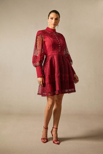 Lace High Neck Long Sleeve Mini Dress
