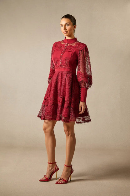 Lace High Neck Long Sleeve Mini Dress