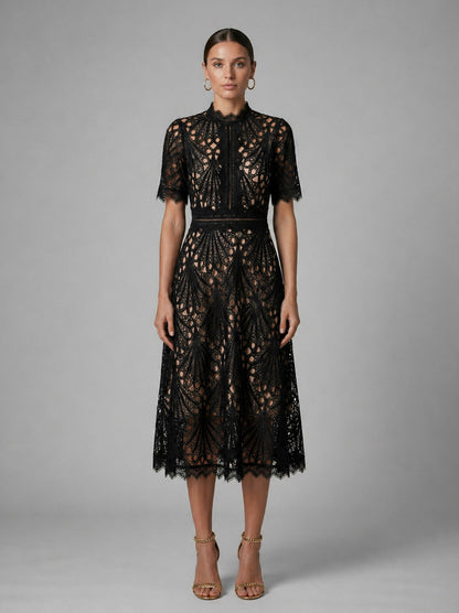 Lace High Neck Midi Dress