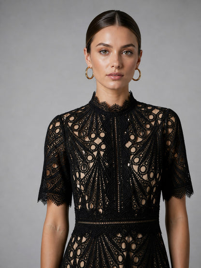 Lace High Neck Midi Dress