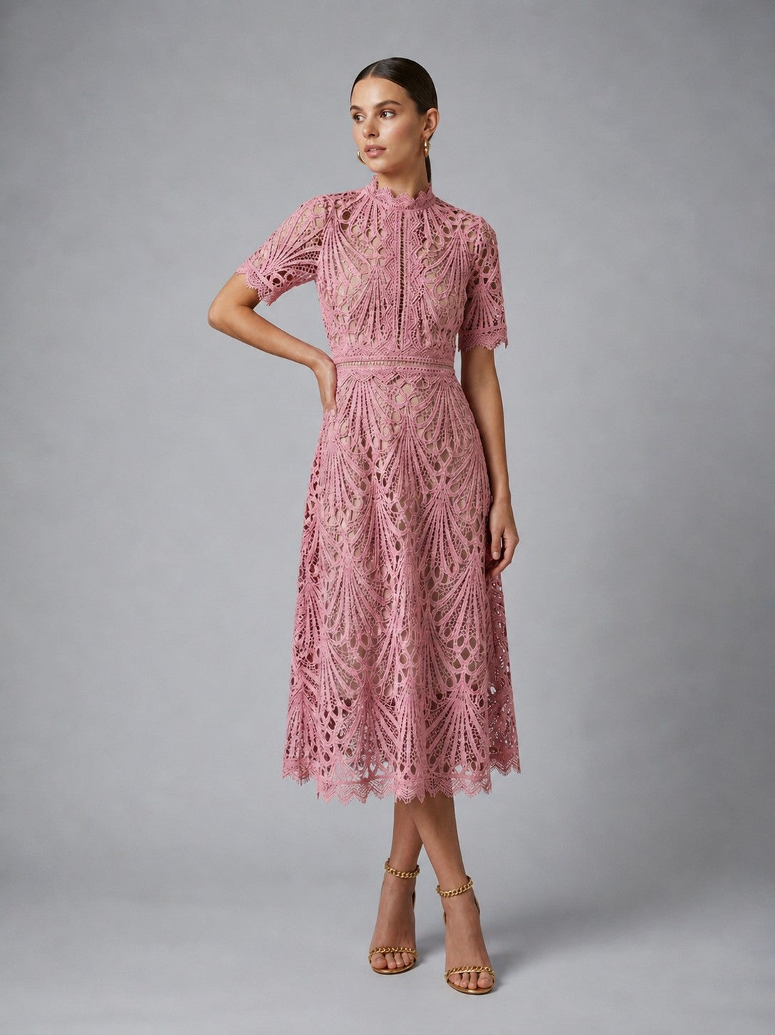 Lace High Neck Midi Dress