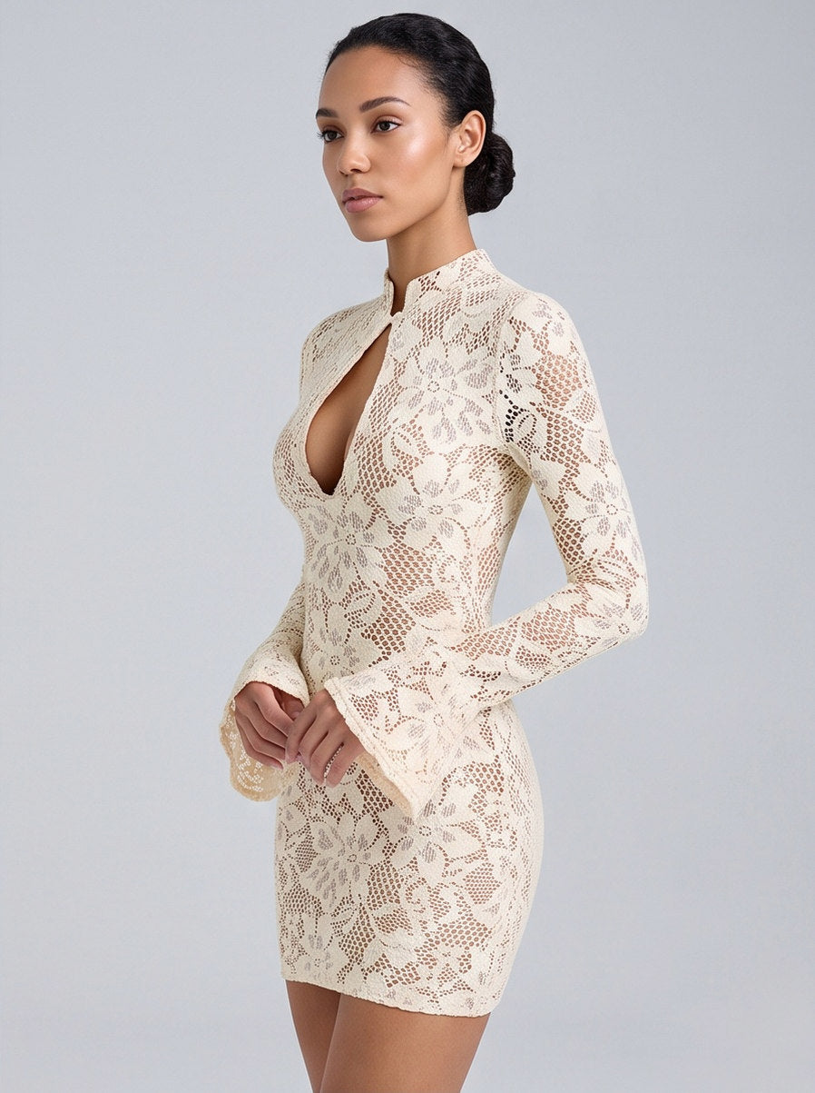 Lace Keyhole Long Sleeve Mini Dress