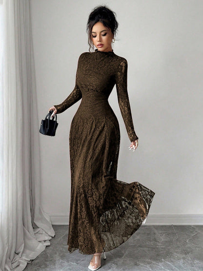 Lace Long Sleeve A-Line Maxi Dress