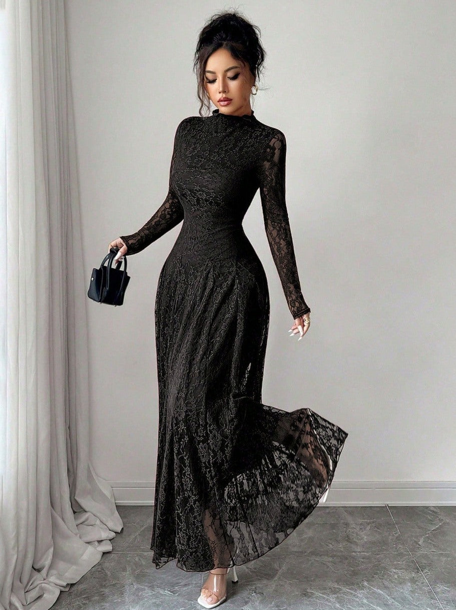 Lace Long Sleeve A-Line Maxi Dress