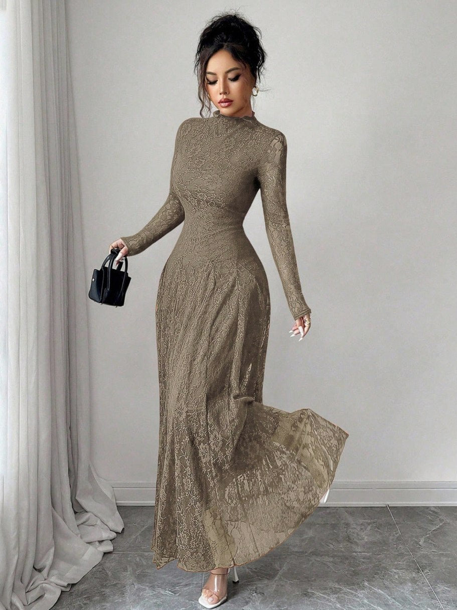 Lace Long Sleeve A-Line Maxi Dress