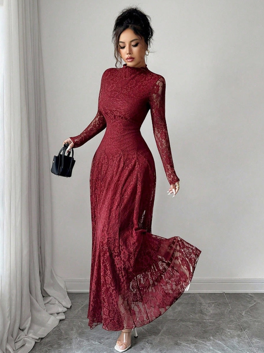 Lace Long Sleeve A-Line Maxi Dress