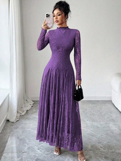 Lace Long Sleeve A-Line Maxi Dress