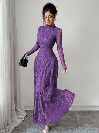 Lace Long Sleeve A-Line Maxi Dress