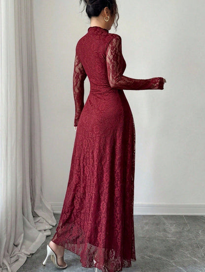Lace Long Sleeve A-Line Maxi Dress