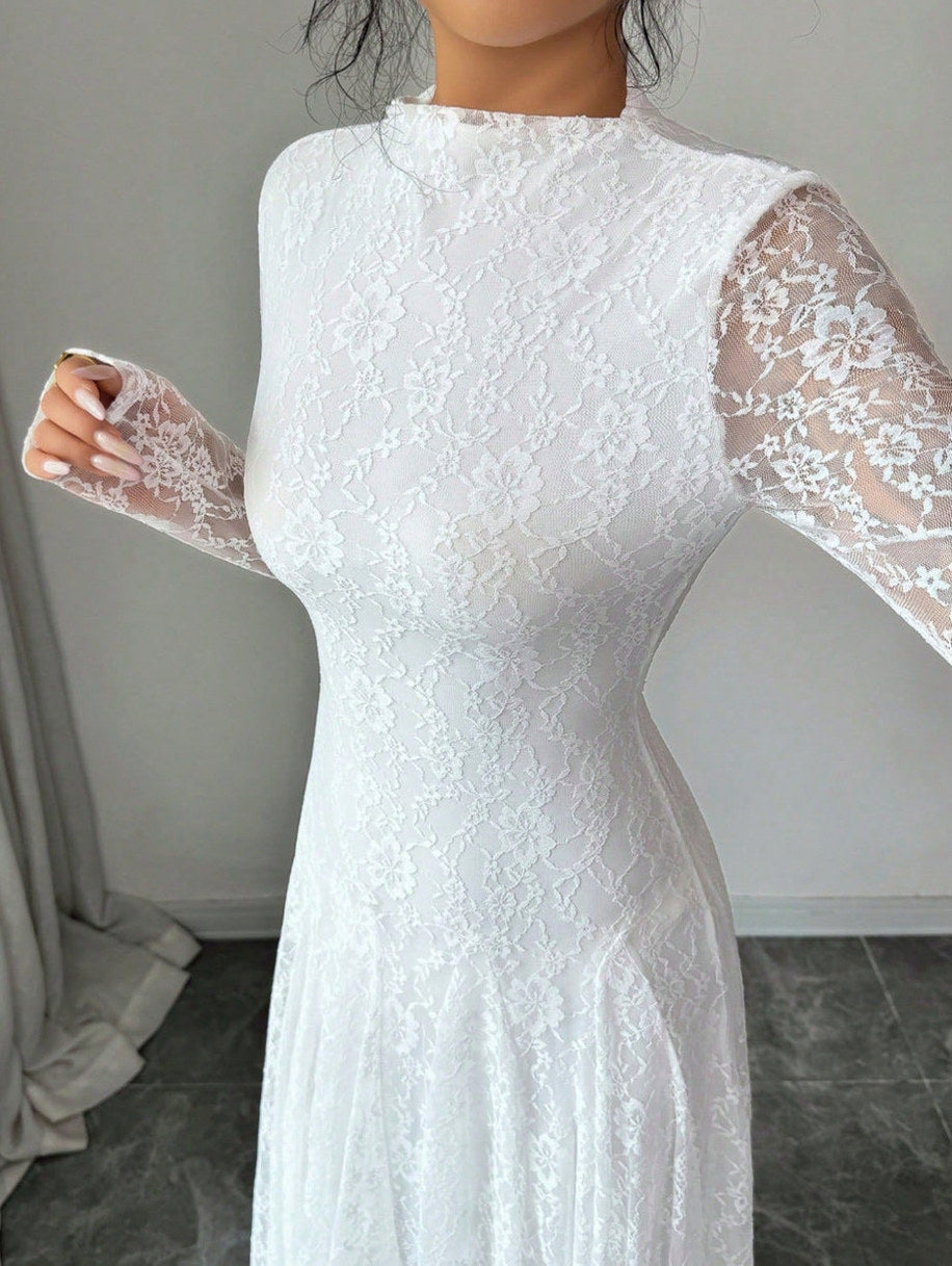 Lace Long Sleeve A-Line Maxi Dress